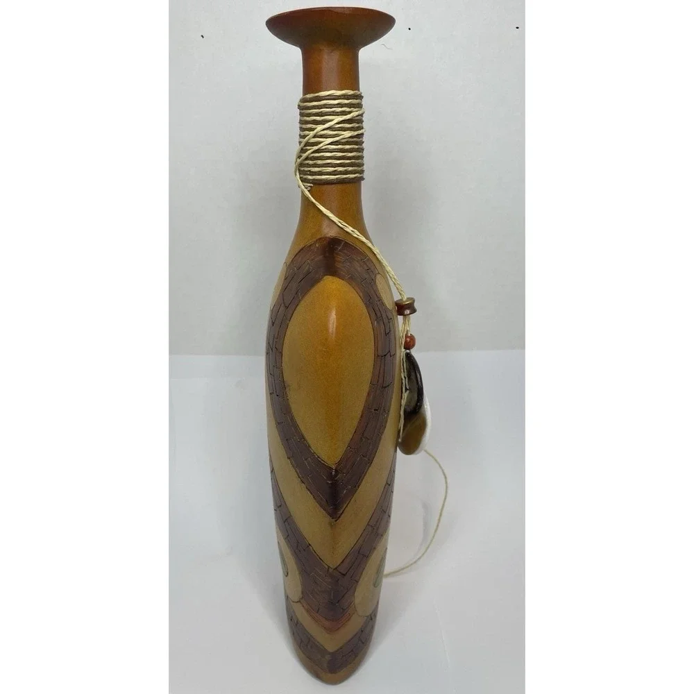 Vtg. MCM Large Polystone Vase Bottle Faux Wood Beaded Cabin Rustic Decor Rare